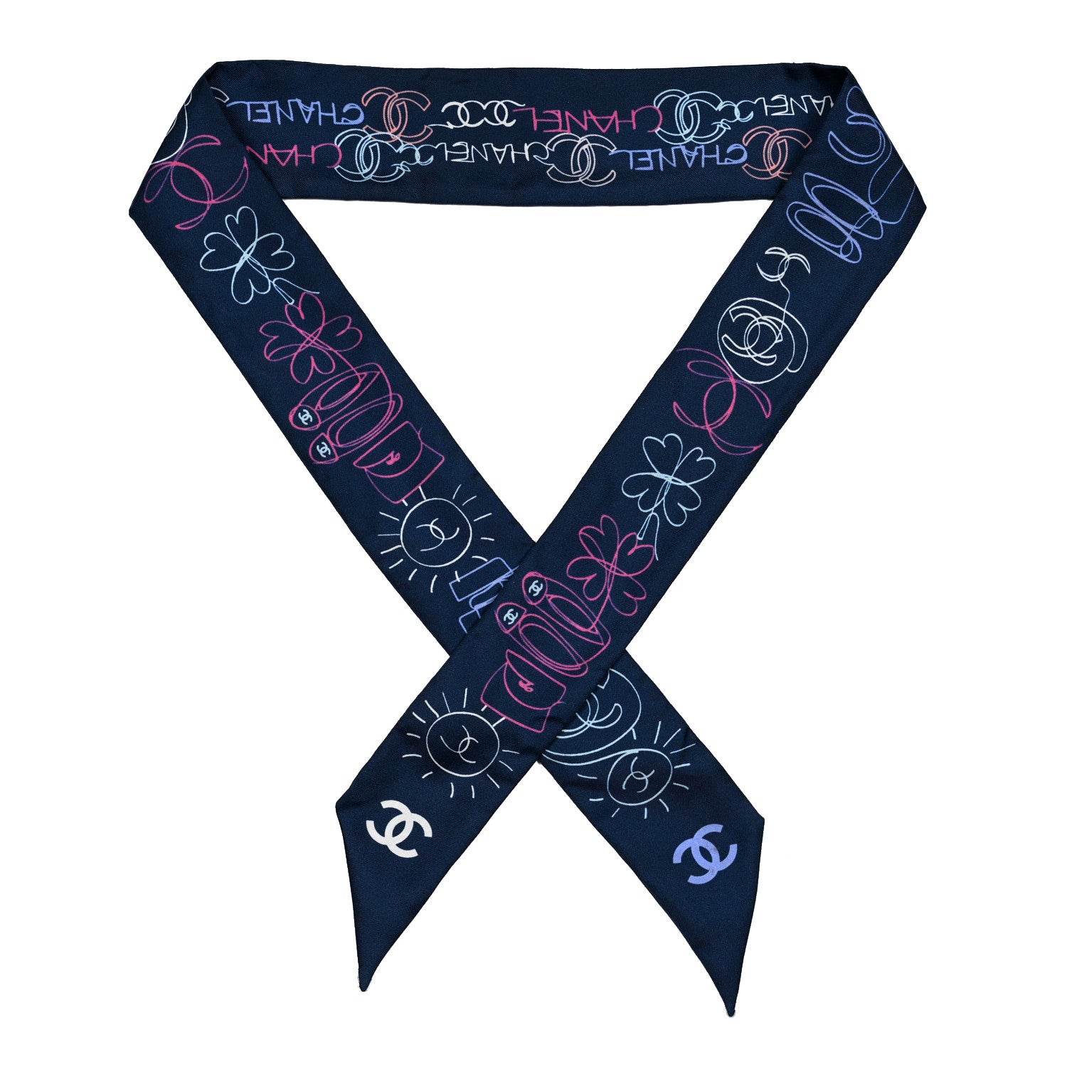 Chanel Silk Twill CC Logo Slim Bandeau Scarf Navy Blue Multicolor 1 of 3
