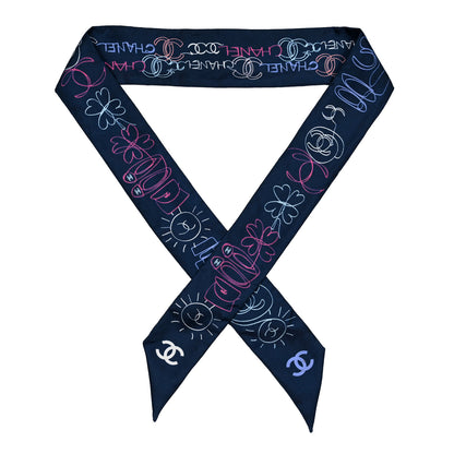 Chanel Silk Twill CC Logo Slim Bandeau Scarf Navy Blue Multicolor 1 of 3