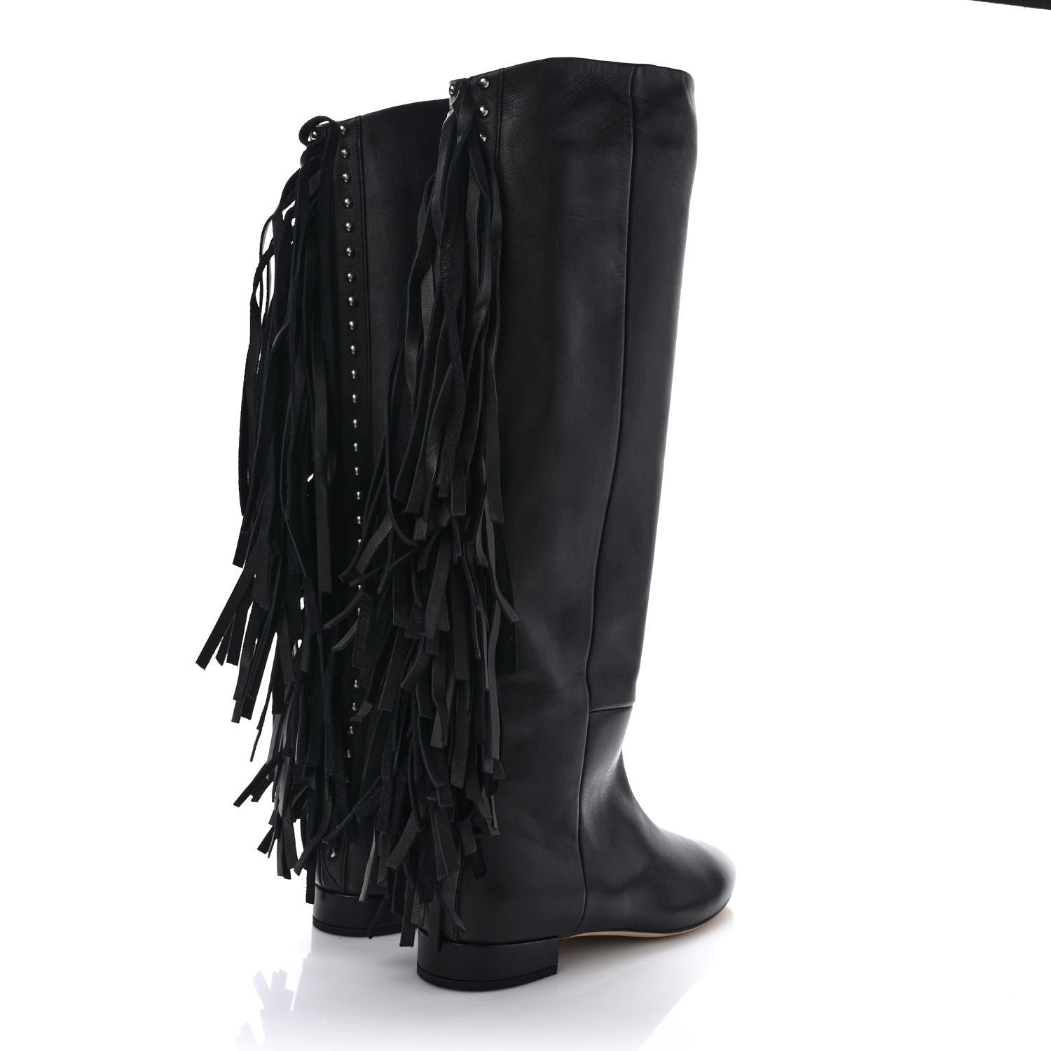Saint Laurent Calfskin Dana Knee High Fringed Boots 36 Black 4 of 8