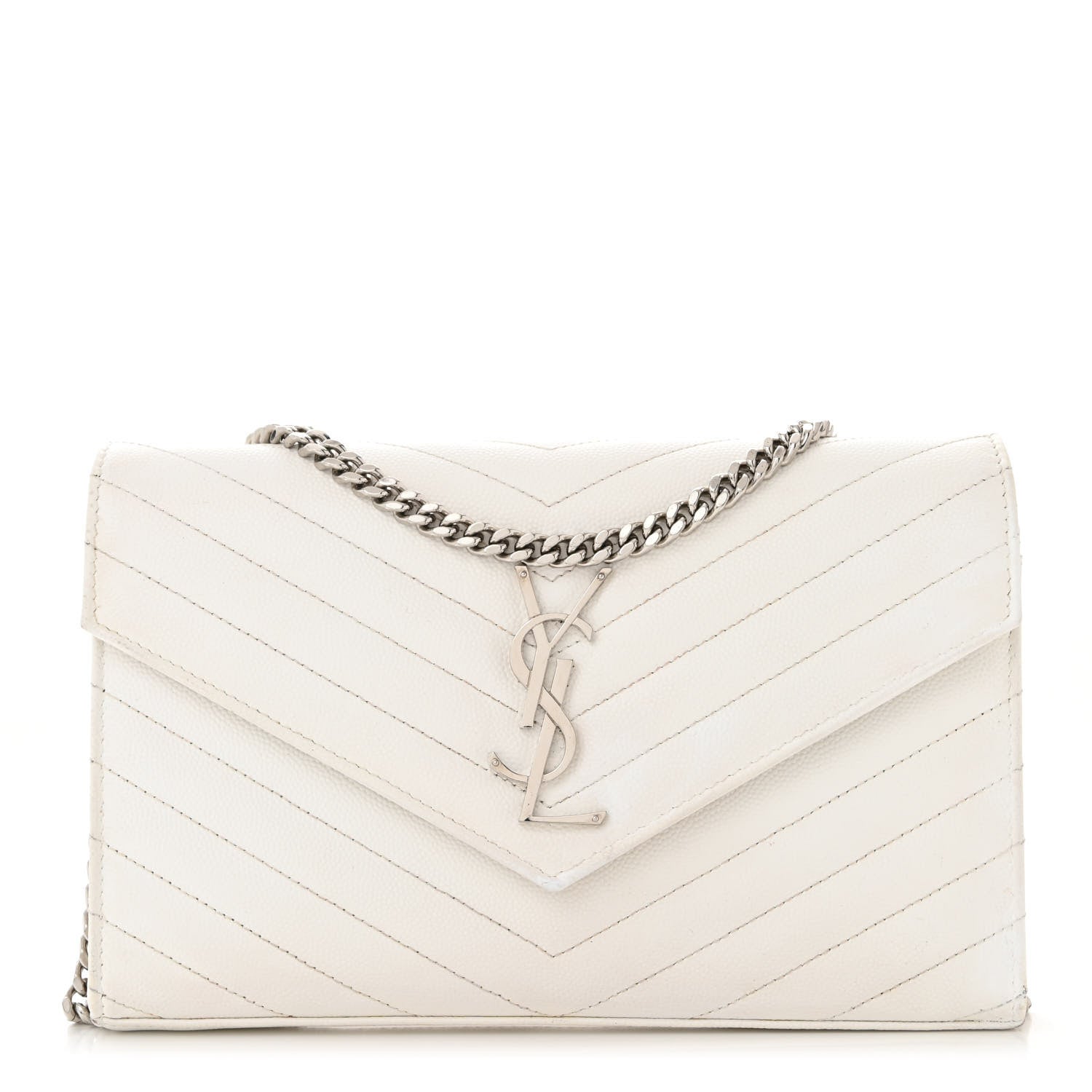 Saint Laurent Grain De Poudre Matelasse Chevron Monogram Chain Wallet White 1 of 12