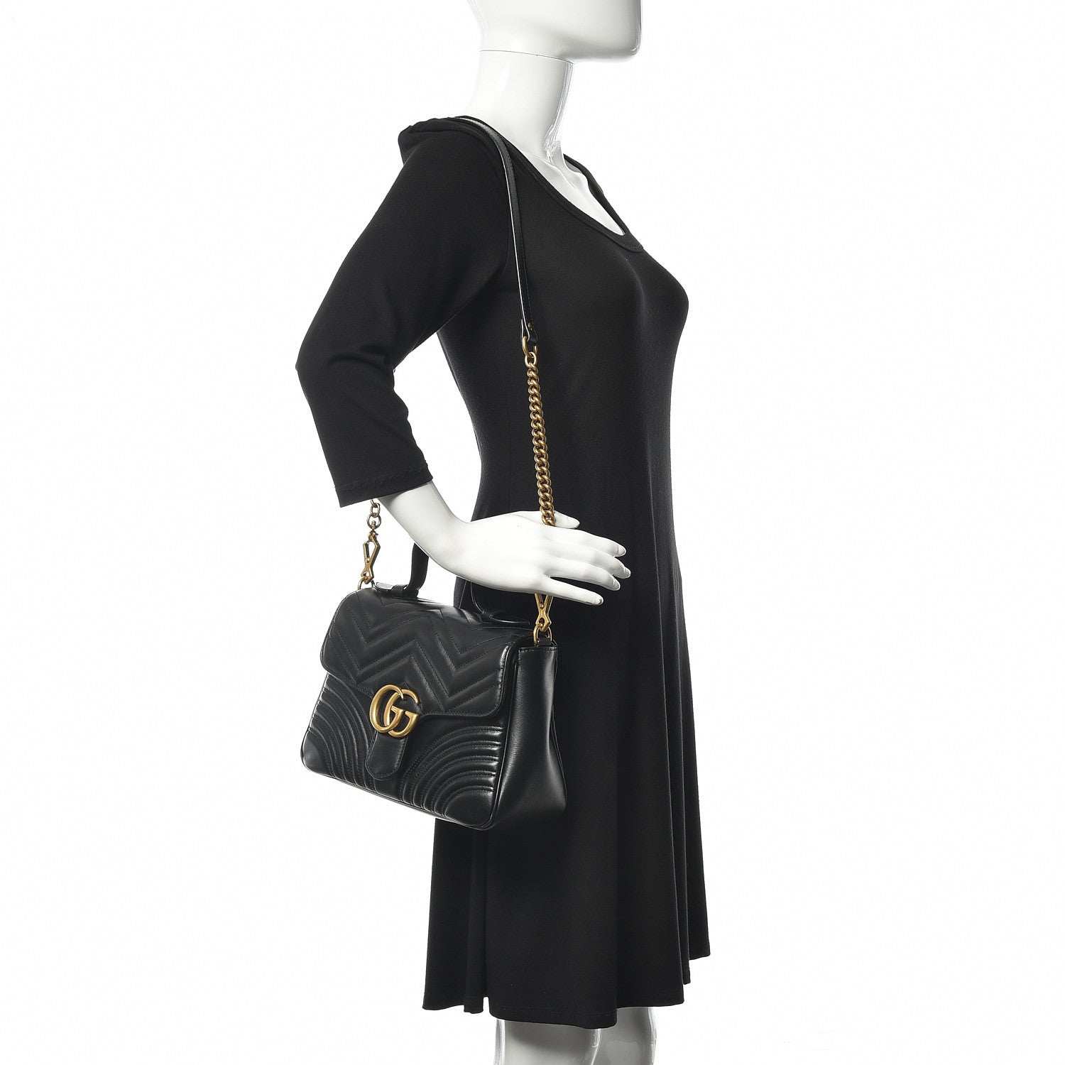 Gucci Calfskin Matelasse Small GG Marmont Top Handle Shoulder Bag Black 2 of 17