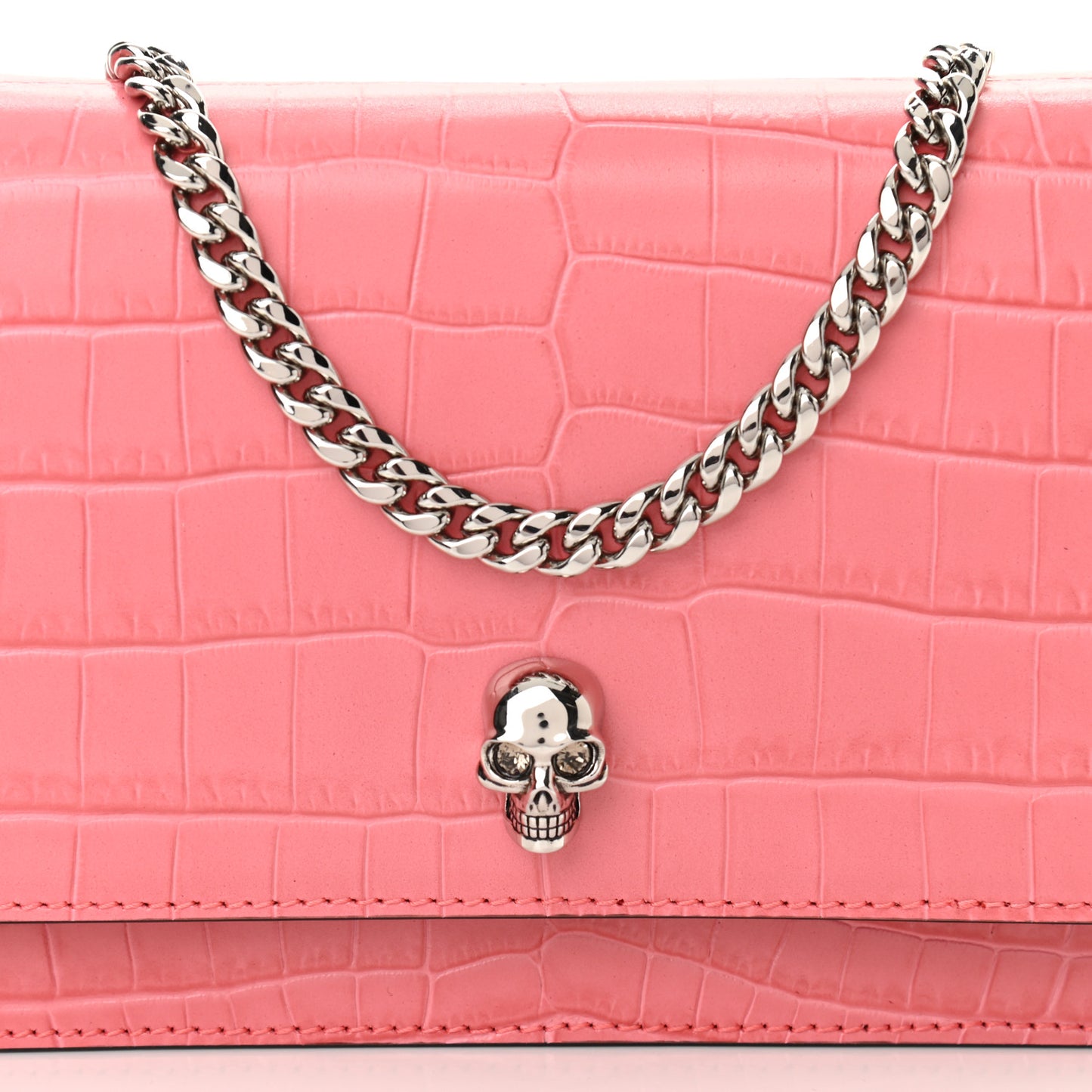 Calfskin Crocodile Embossed Skull Mini Crossbody Bag Pink