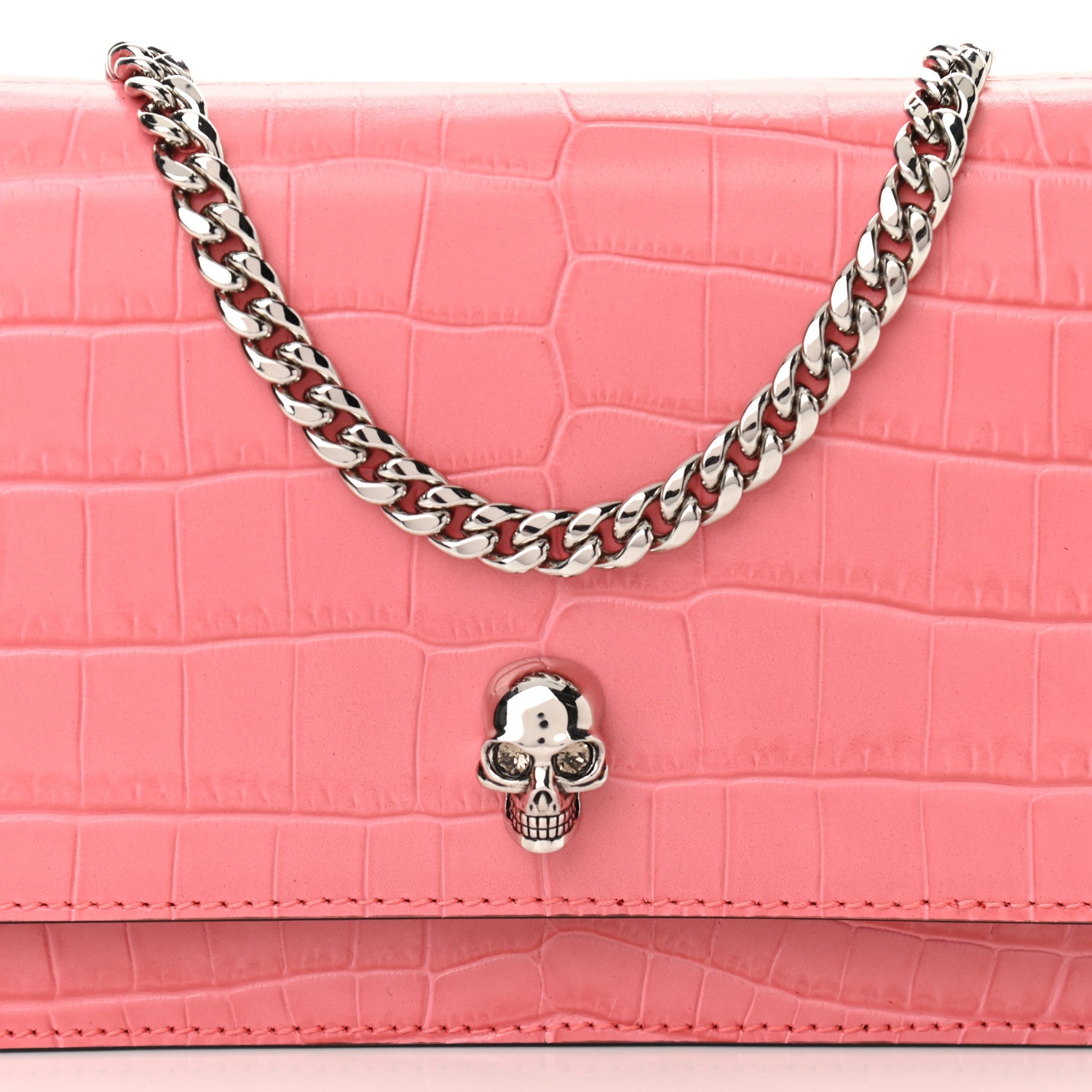 Alexander McQueen Calfskin Crocodile Embossed Skull Mini Crossbody Bag Pink 6 of 8