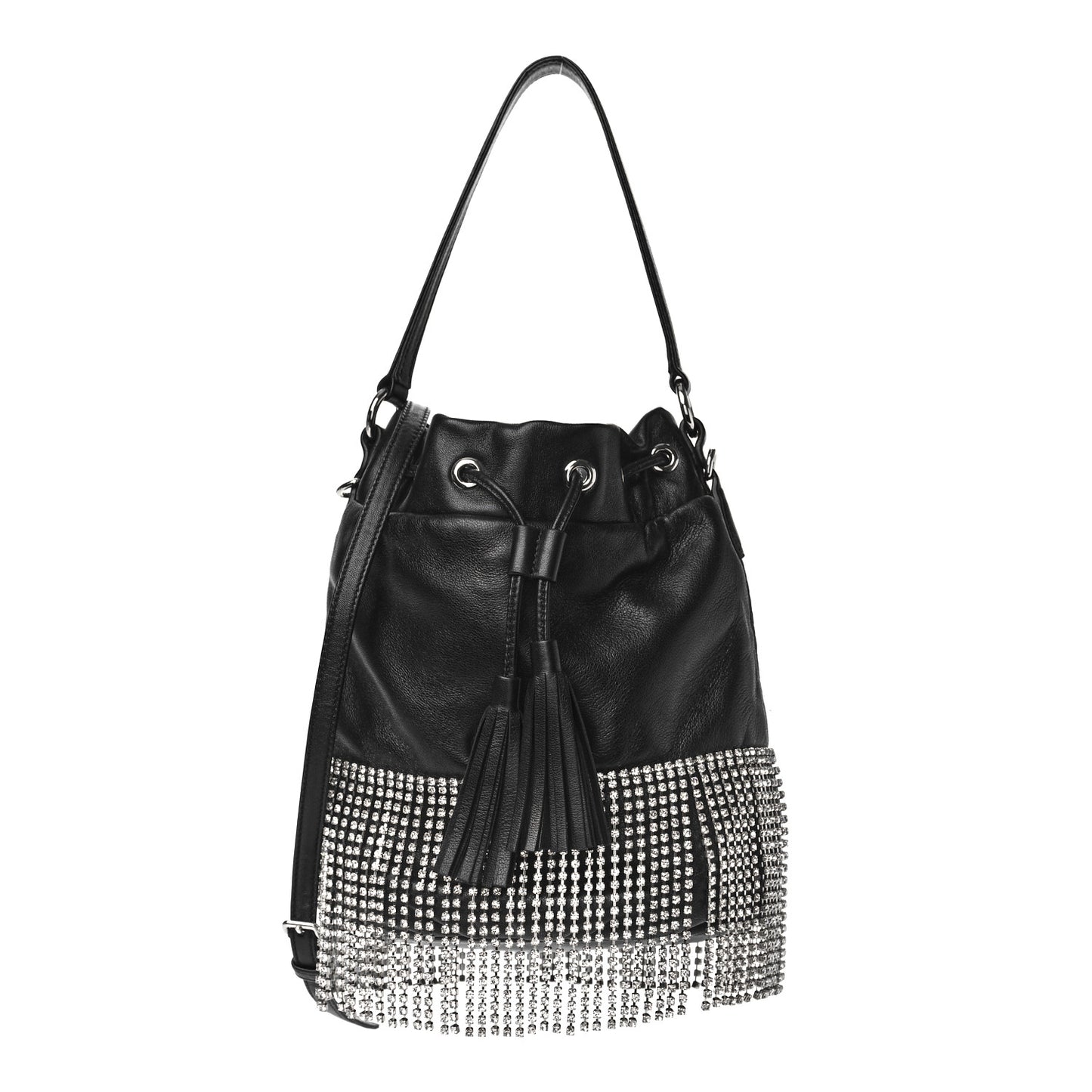 Nappa Crystal Fringe Bucket Bag Black