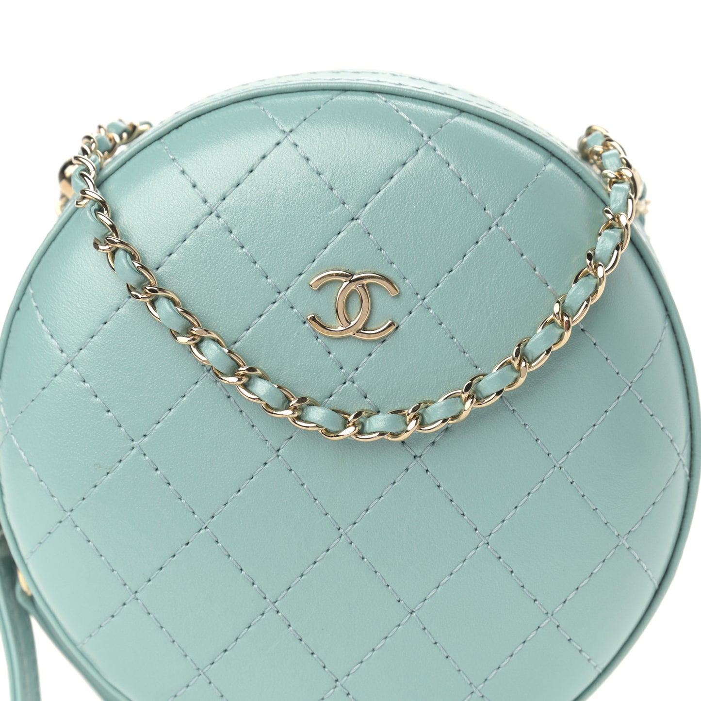 Iridescent Lambskin Round Clutch With Chain Light Blue