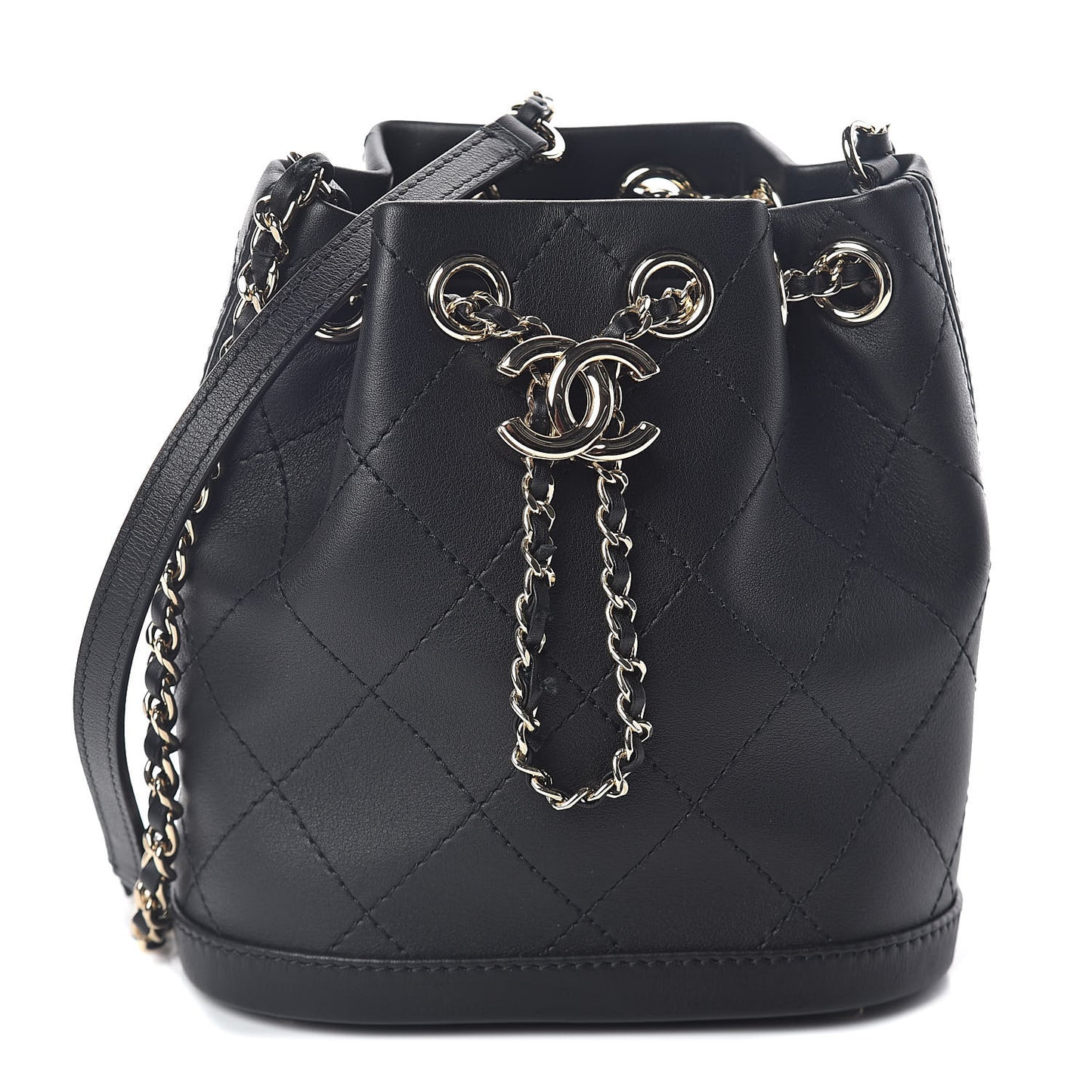 Calfskin Stitched Mini Drawstring CC Bag Black