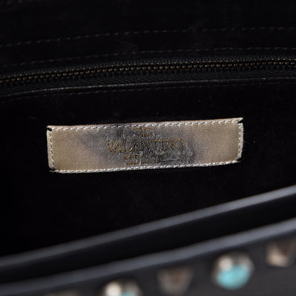 Valentino Garavani Calfskin Patch Beaded Medium Guitar Strap Rockstud Rolling Flap Saddle Bag Black 8 of 8