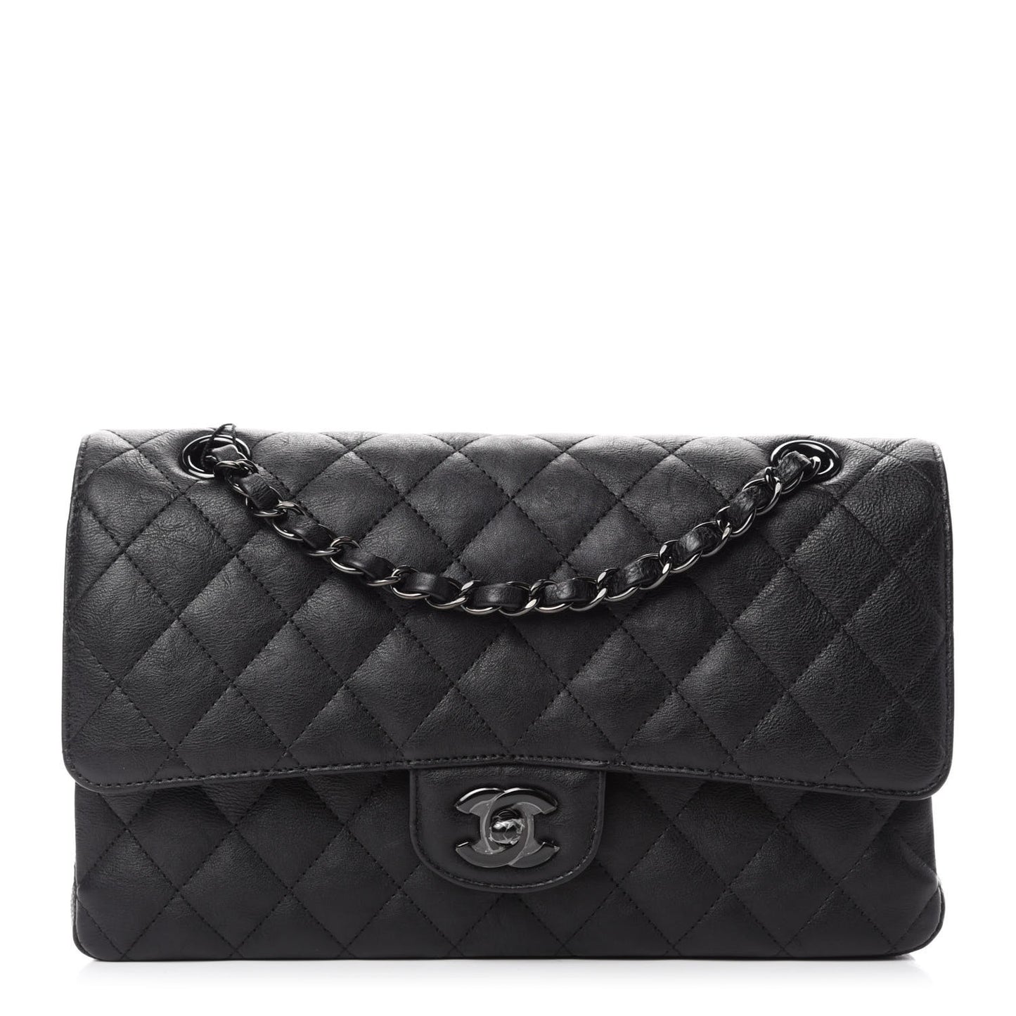 Crumpled Calfskin Quilted Medium Double Flap So Black
