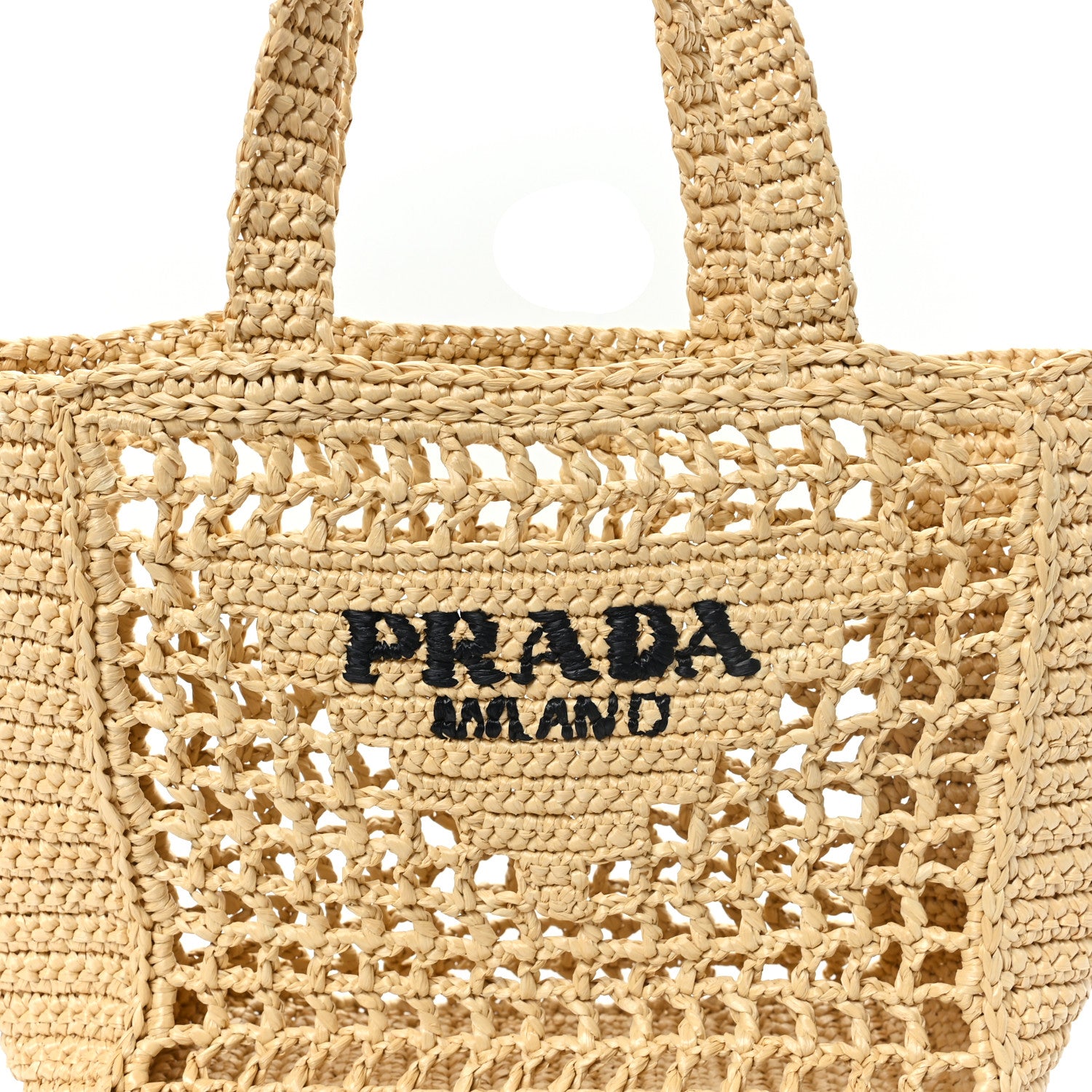 Prada Yarn Raffia Effect Crochet Logo Embroidered Small Tote Bag Naturale 7 of 9