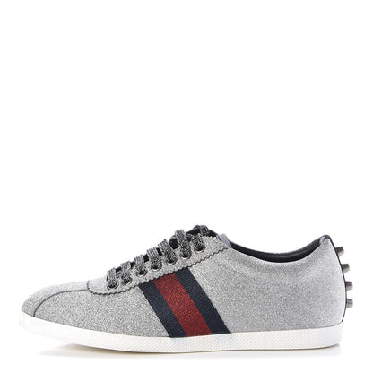 Gucci Glitter Fabric Studded Web Womens Sneakers 37 Silver 1 of 12
