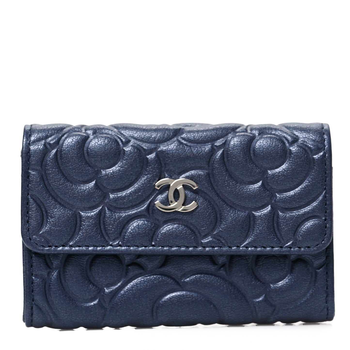 Goatskin Camellia Embossed Flap Card Holder Wallet Dark Blue