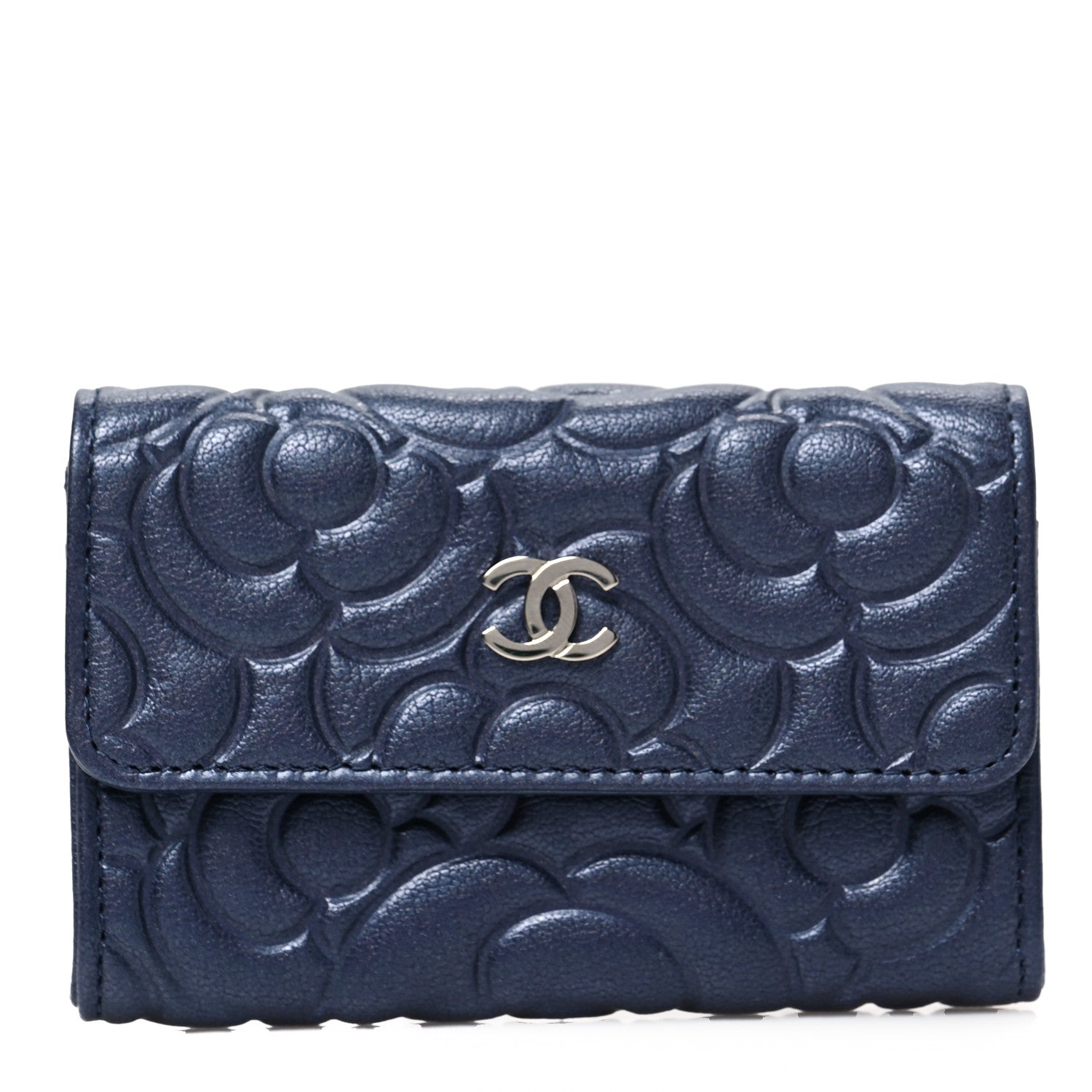 Chanel Goatskin Camellia Embossed Flap Card Holder Wallet Dark Blue 1 of 9