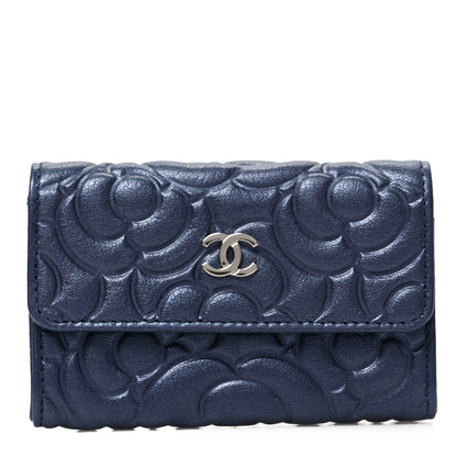 Chanel Goatskin Camellia Embossed Flap Card Holder Wallet Dark Blue 1 of 9