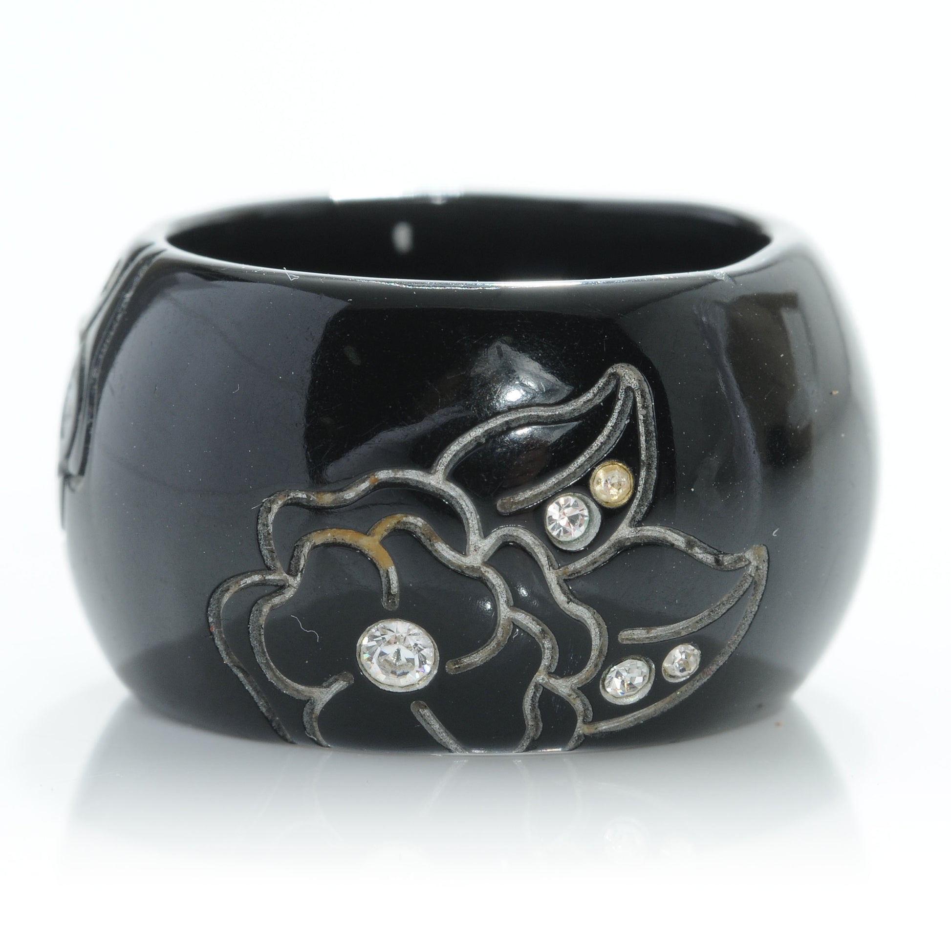 Chanel Resin Crystal CC Camellia Ring Black 6.5 4 of 5