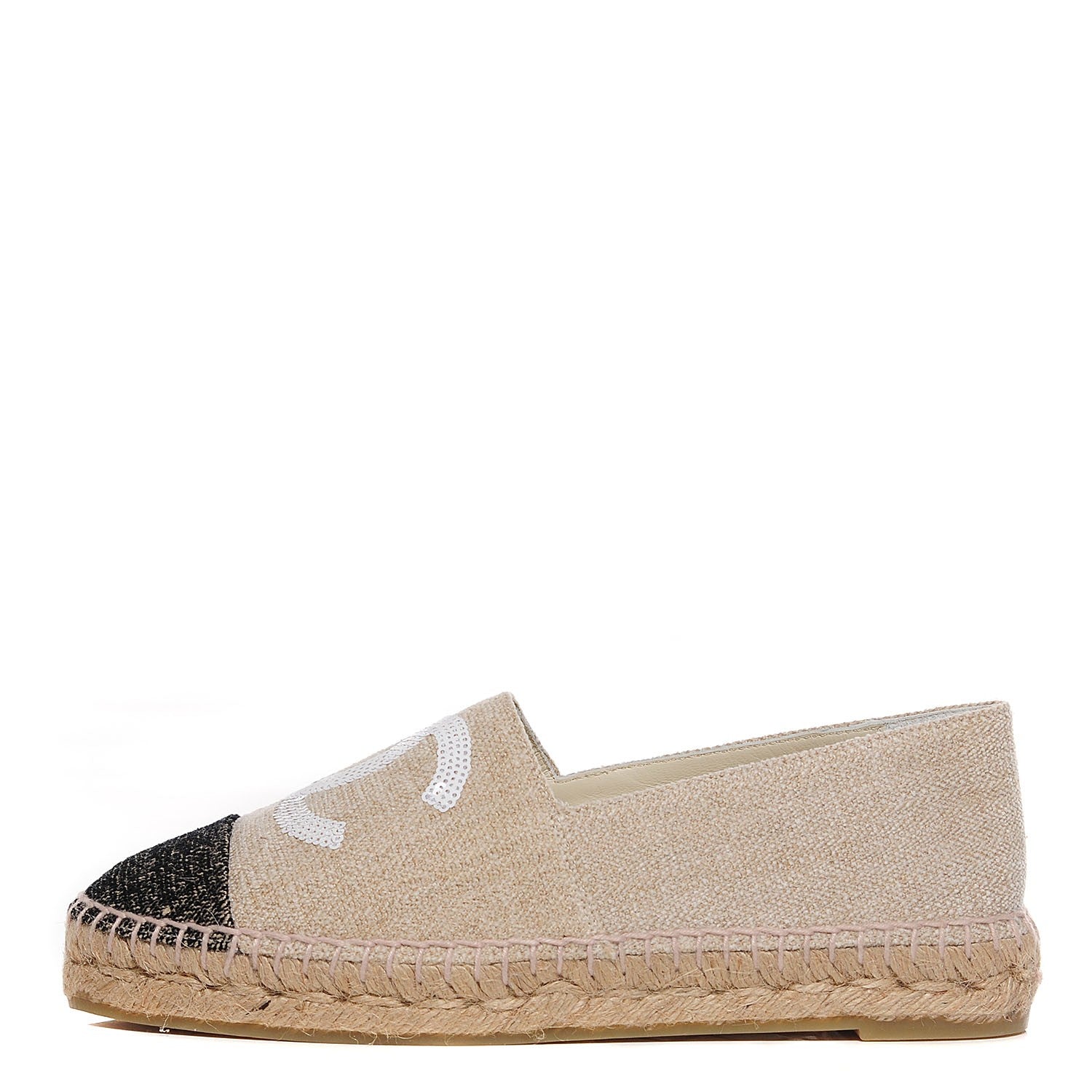 Chanel Toile Sequin CC Espadrilles 37 Beige Black 1 of 7