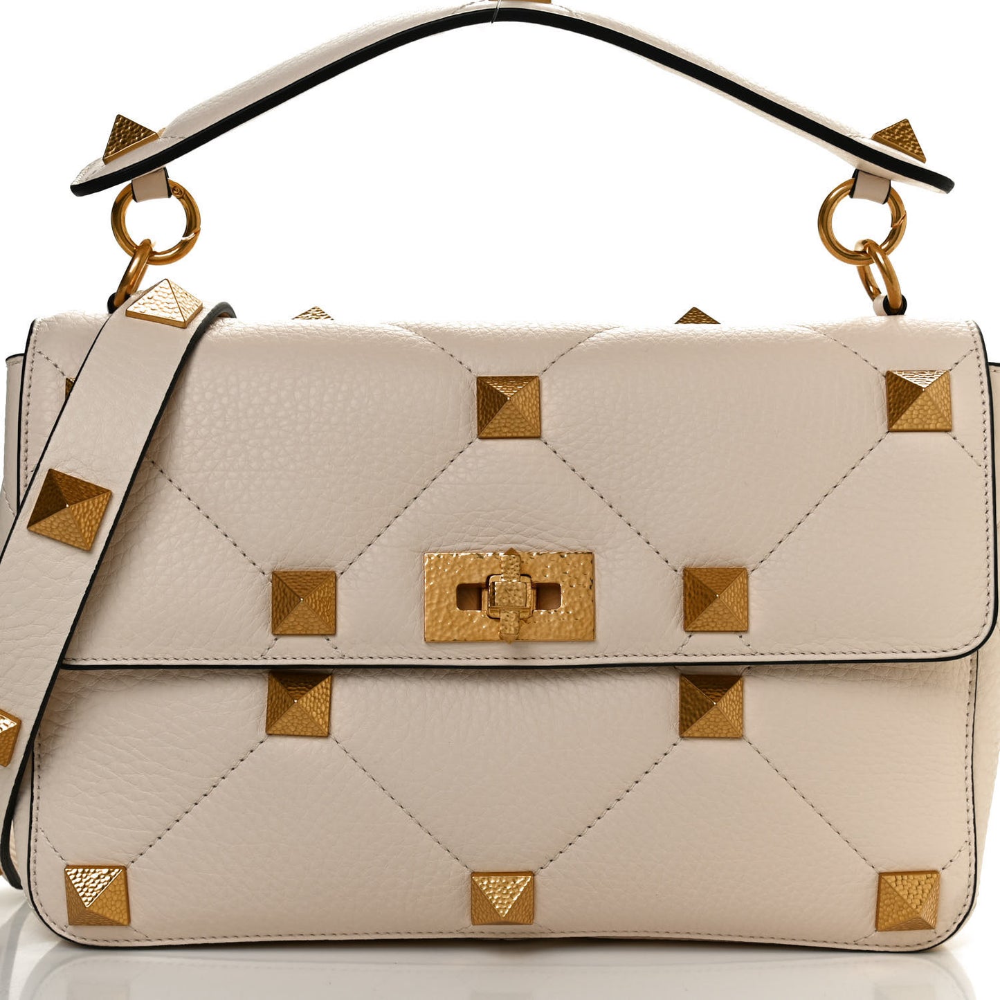 Grained Calfskin Large Roman Stud Shoulder Bag Light Ivory