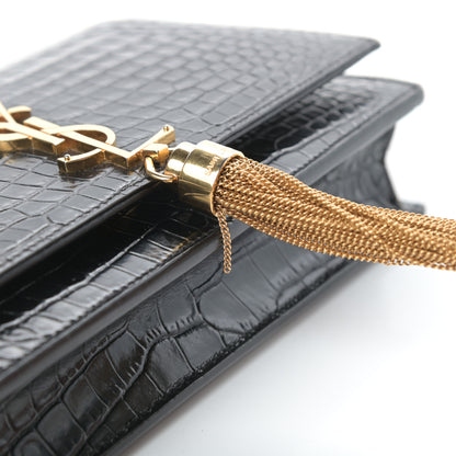 Saint Laurent Calfskin Crocodile Embossed Kate Monogram Tassel Chain Wallet Black 15 of 16