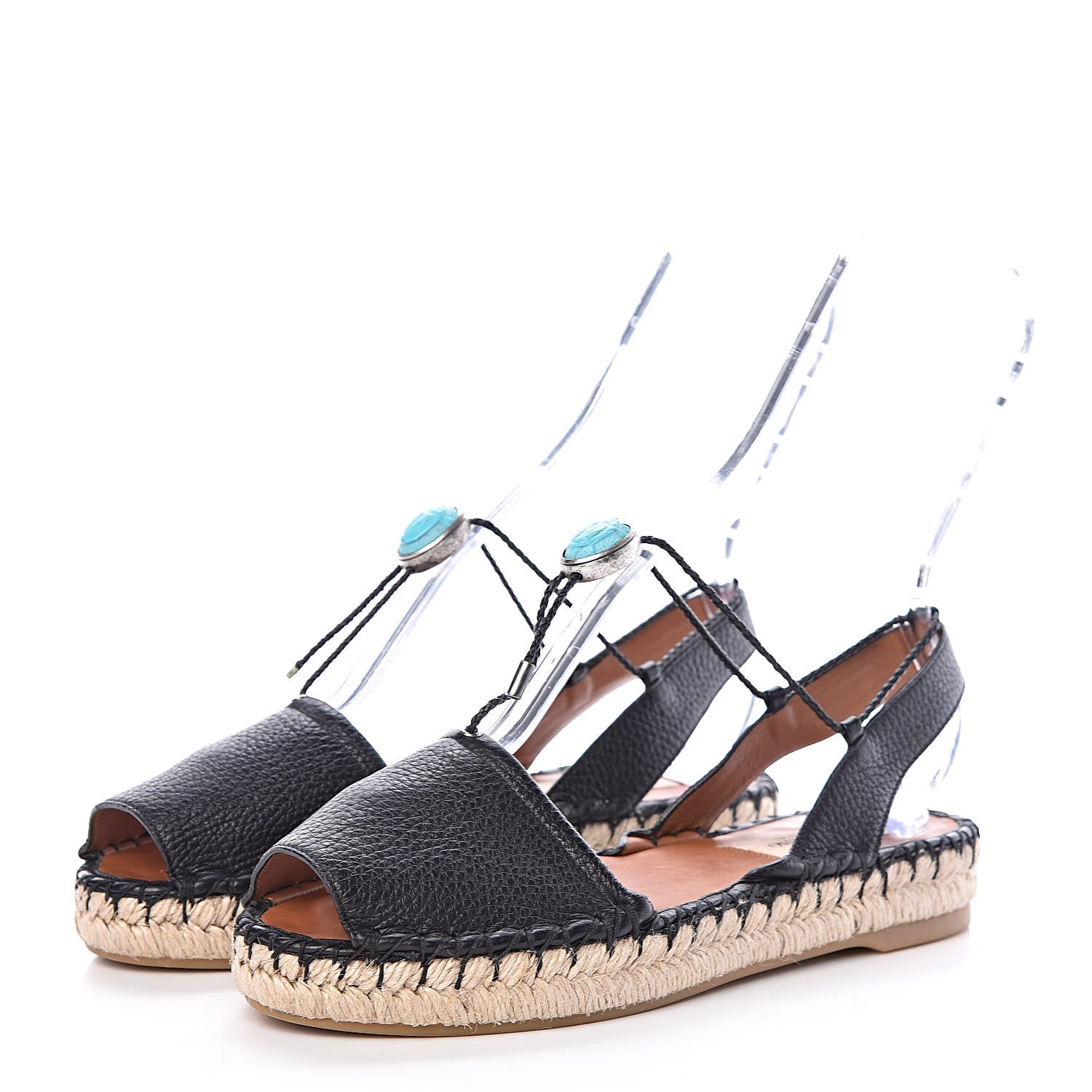 Valentino Garavani Grained Calfskin Turquoise Embellished Espadrilles 37 Black 3 of 9