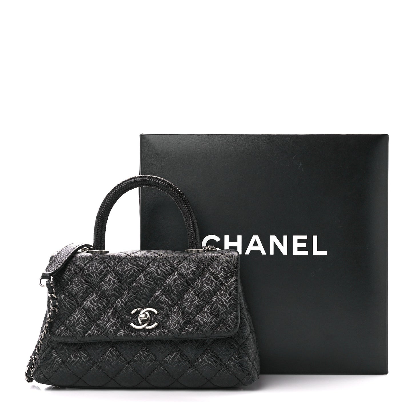 Caviar Lizard Embossed Quilted Mini Coco Handle Flap Black