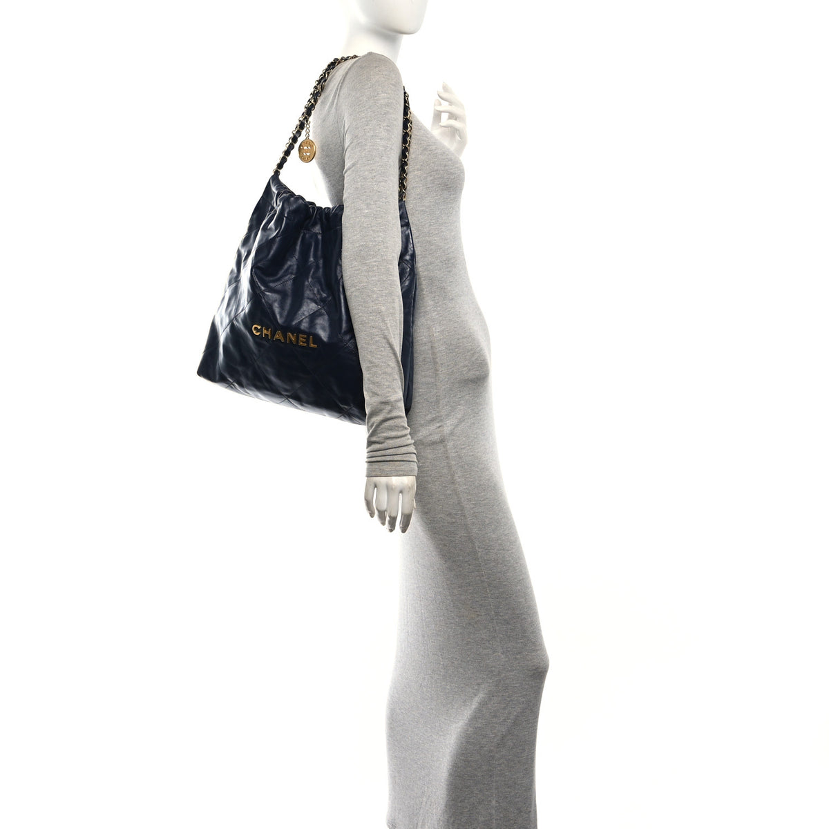 Shiny Calfskin Quilted Chanel 22 Navy Blue