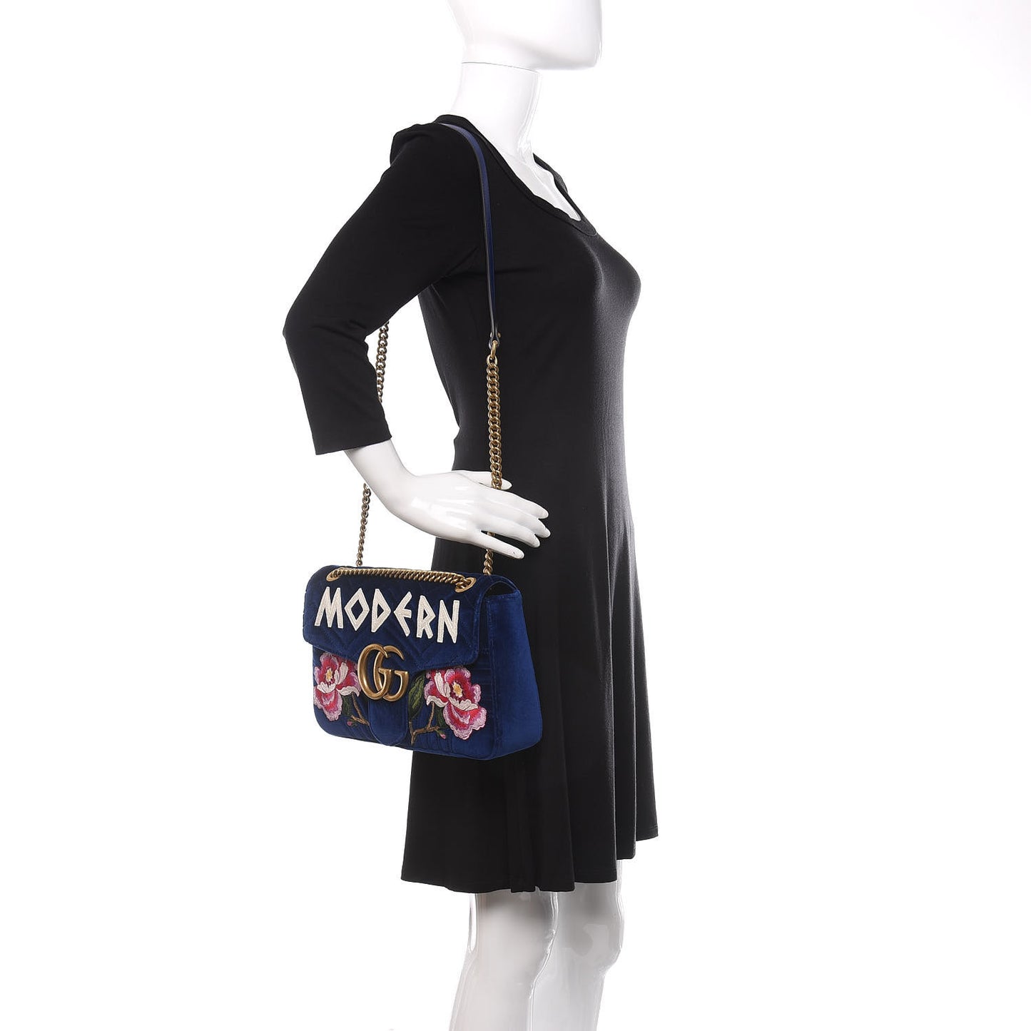 Velvet Matelasse Modern Embroidered Medium GG Marmont Shoulder Bag Cobalt