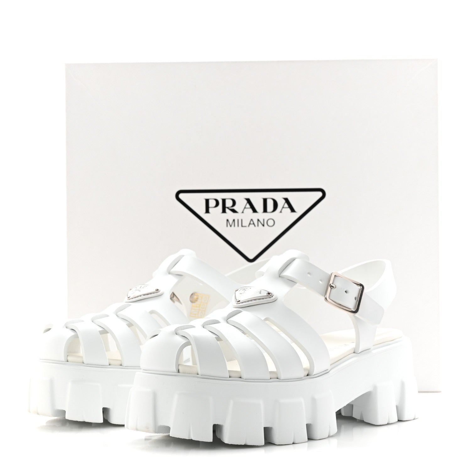 Prada Foam Rubber Metal Triangle Logo Monolith 55mm Cage Sandals 38 White 10 of 10