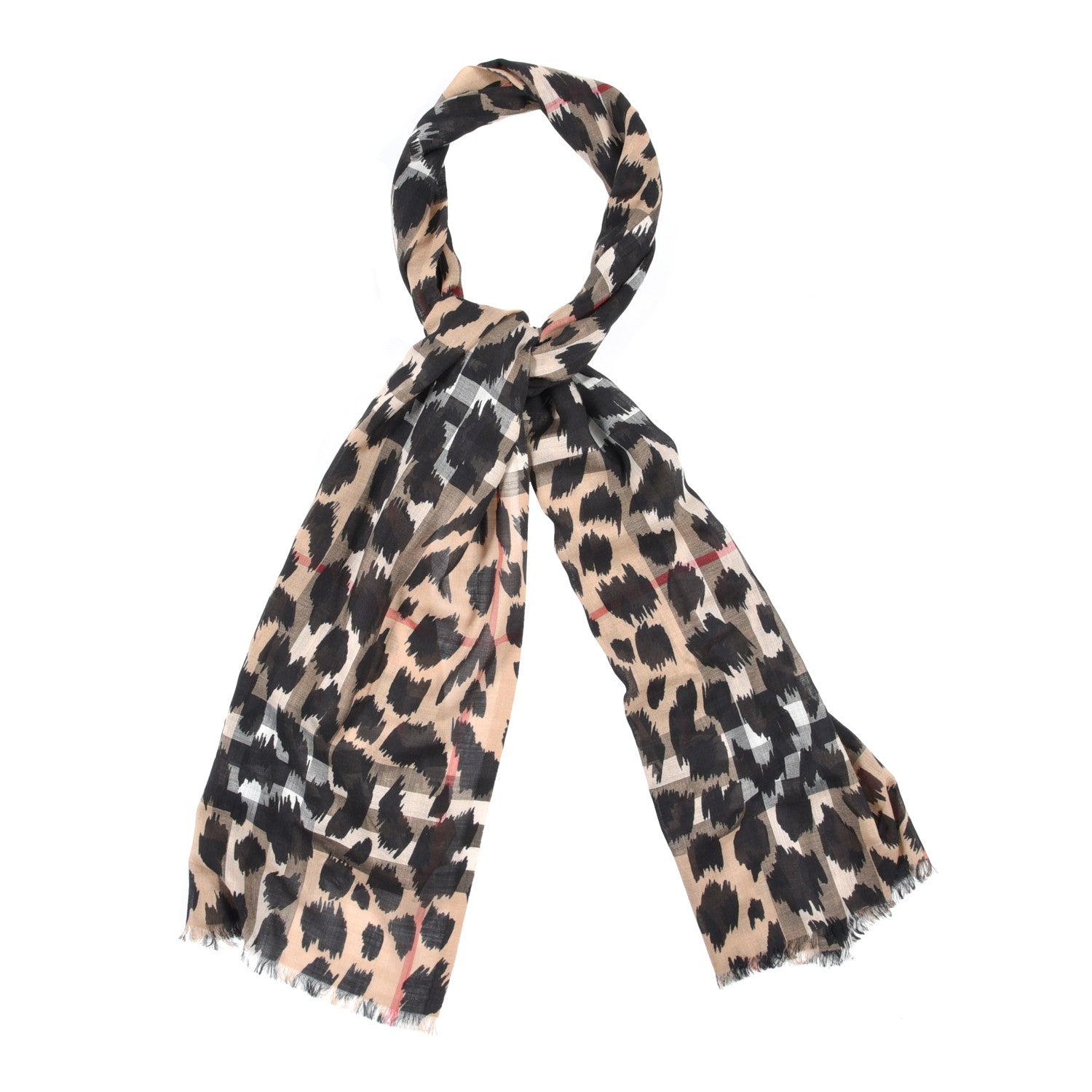 Burberry Wool Silk Animal Check Lightweight Scarf Camel 1 of 4