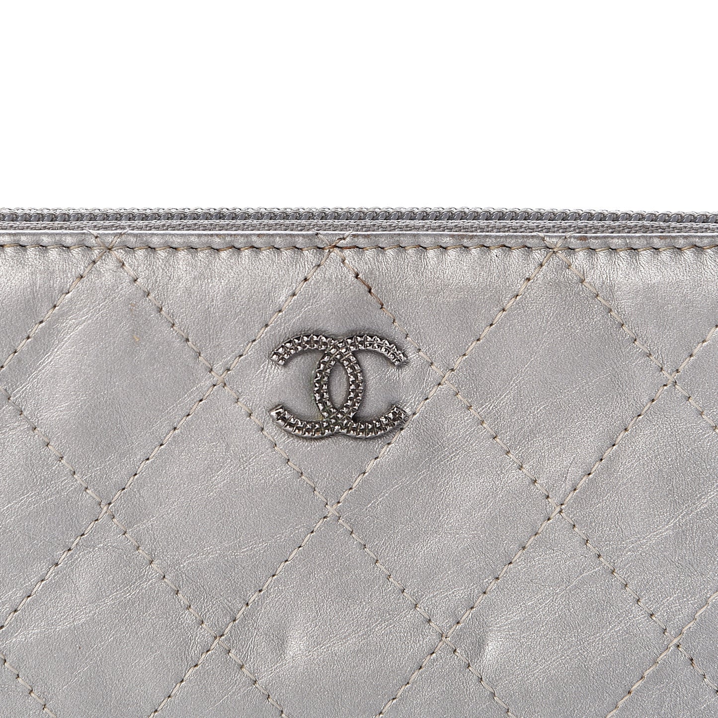 Metallic Aged Calfskin Quilted Palette Large Zip Around Organizer Wallet Silver