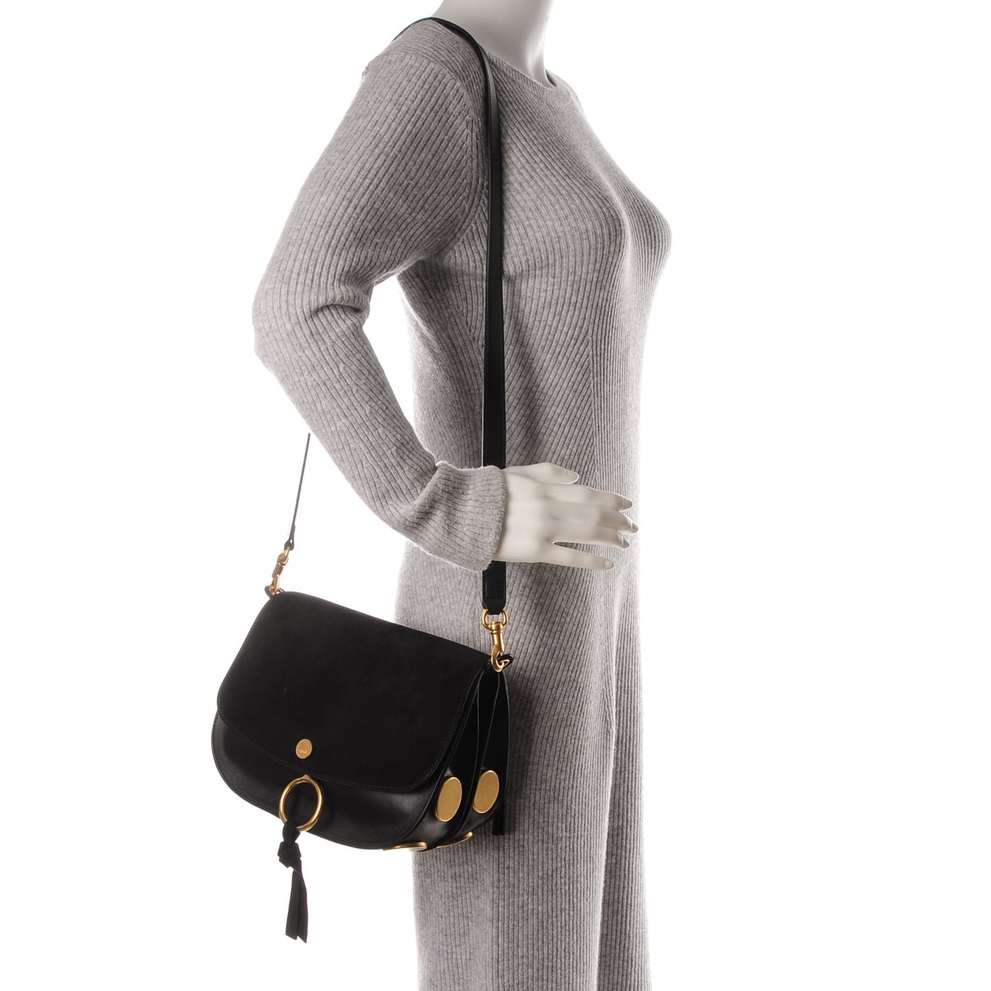 Suede Smooth Calfskin Medium Kurtis Shoulder Bag Black