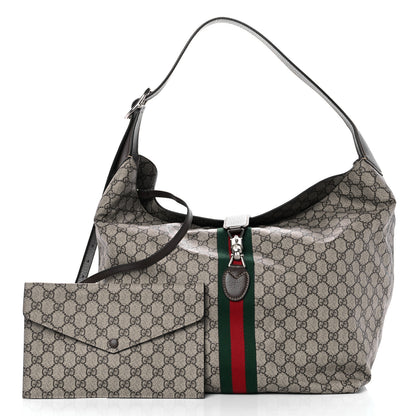 Gucci Tender GG Supreme Monogram Textured Dollar Calfskin Web Medium Jackie 1961 Crossbody Bag Beige Ebony New Acero 3 of 9