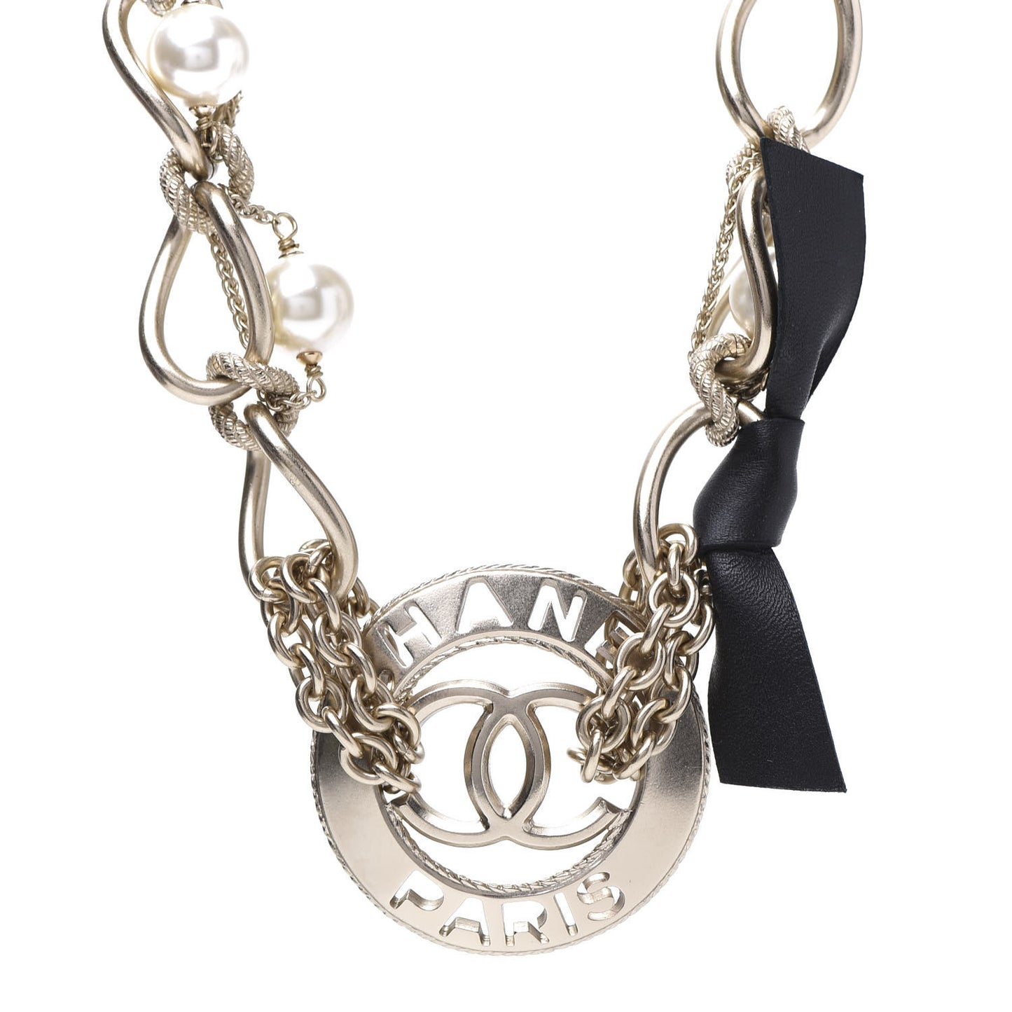 Metal Pearl Chain CC Paris Pendant Necklace Light Gold