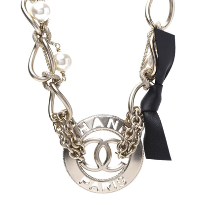 Chanel Metal Pearl Chain CC Paris Pendant Necklace Light Gold 1 of 8