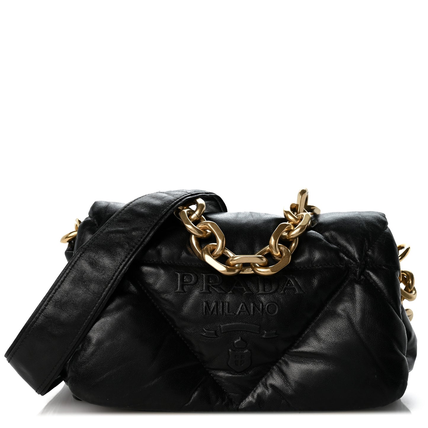 Nappa Soft Padded Logo Embossed Triangle Quilted Small Shoulder Bag Black