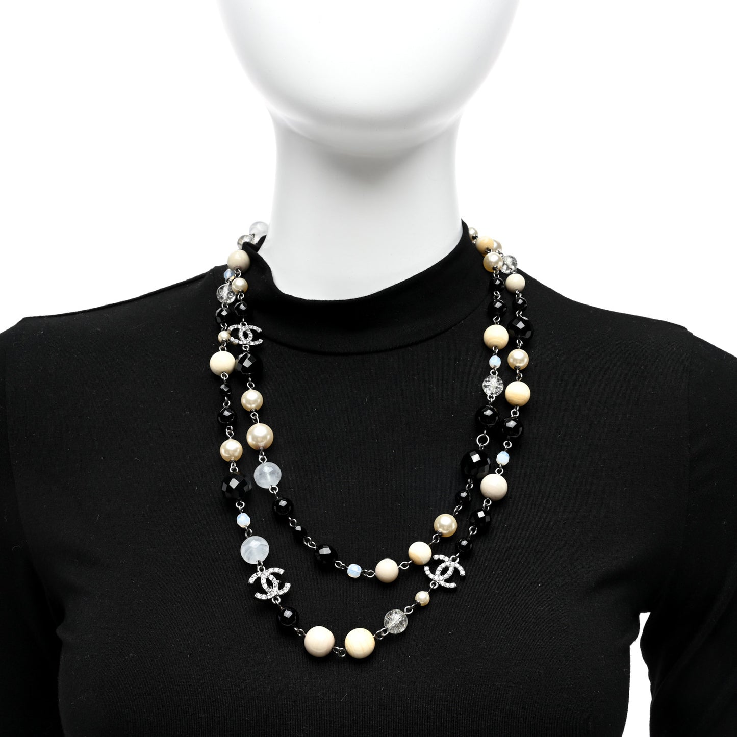 Pearl Crystal Bead CC Long Necklace Black Silver