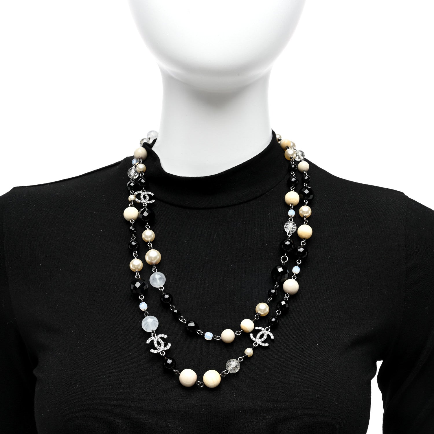 Chanel Pearl Crystal Bead CC Long Necklace Black Silver 2 of 4
