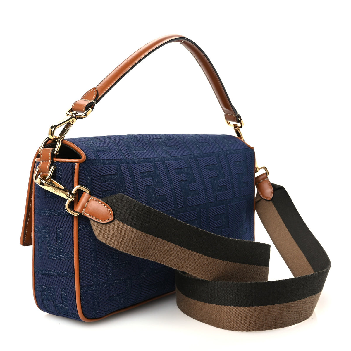 Fendi Denim Vitello King FF Embroidered Large Baguette Blue Cuoio 3 of 12