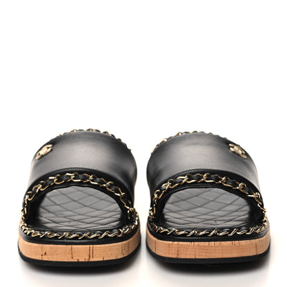 Chanel Lambskin Chain Cork Slide Sandals 39 Black 2 of 9