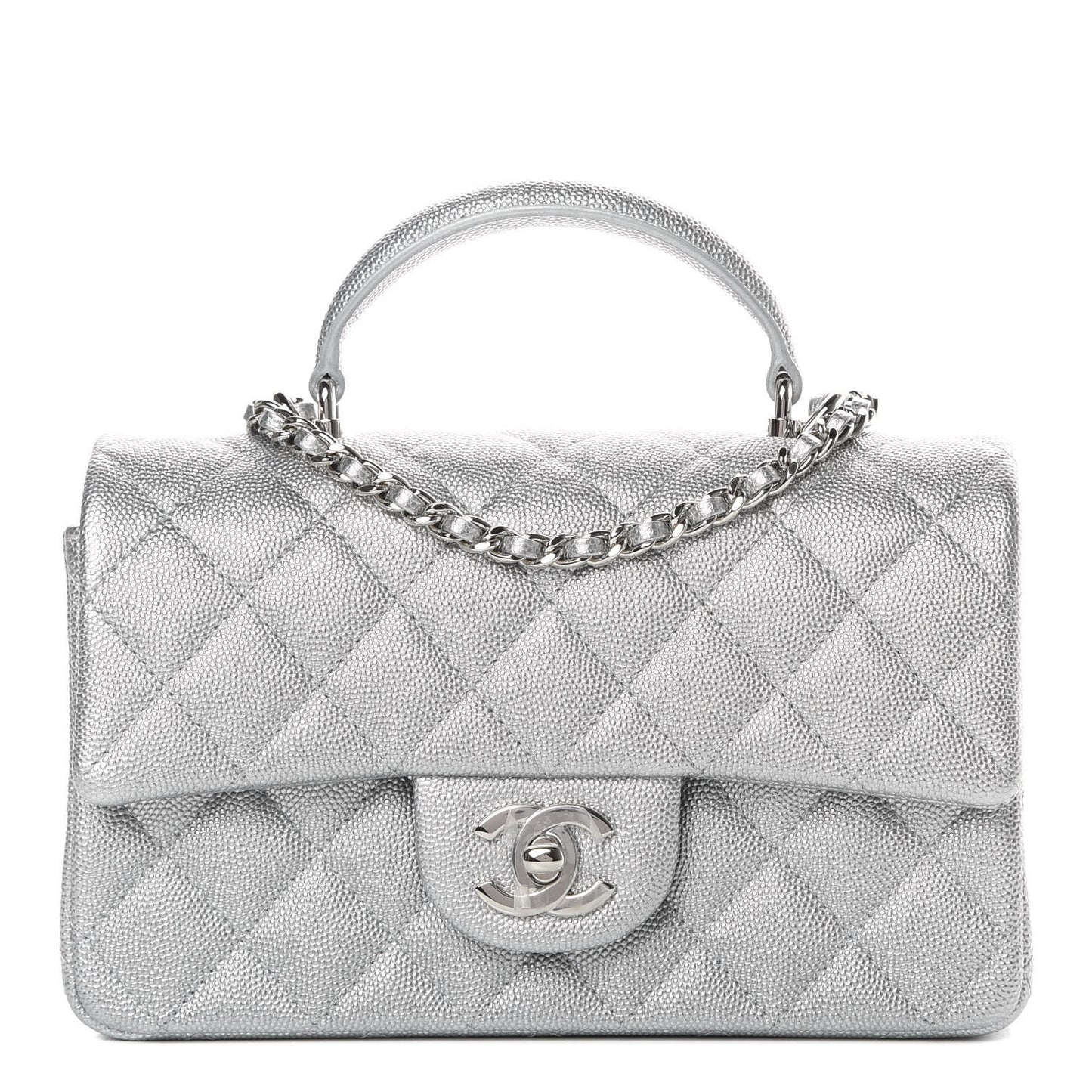 Metallic Caviar Quilted Mini Top Handle Rectangular Flap Silver