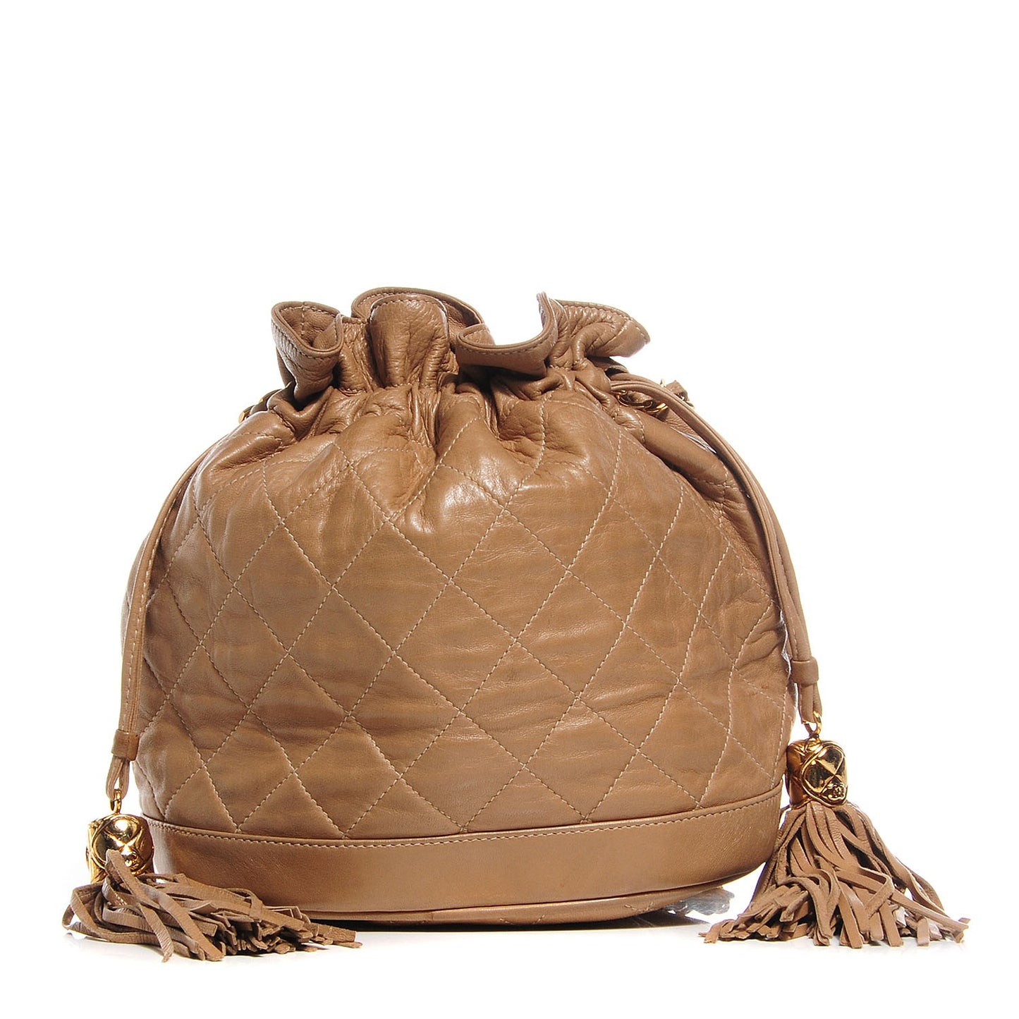 Lambskin Quilted Tassel Drawstring Pouch Beige