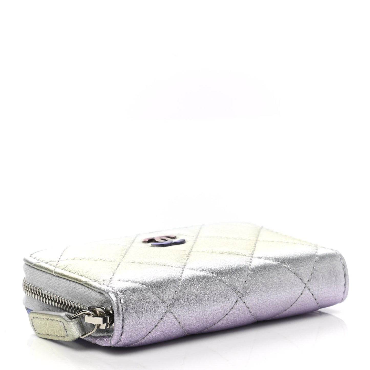Gradient Metallic Calfskin Quilted Zip Around Coin Purse Wallet Silver Blue Yellow Purple