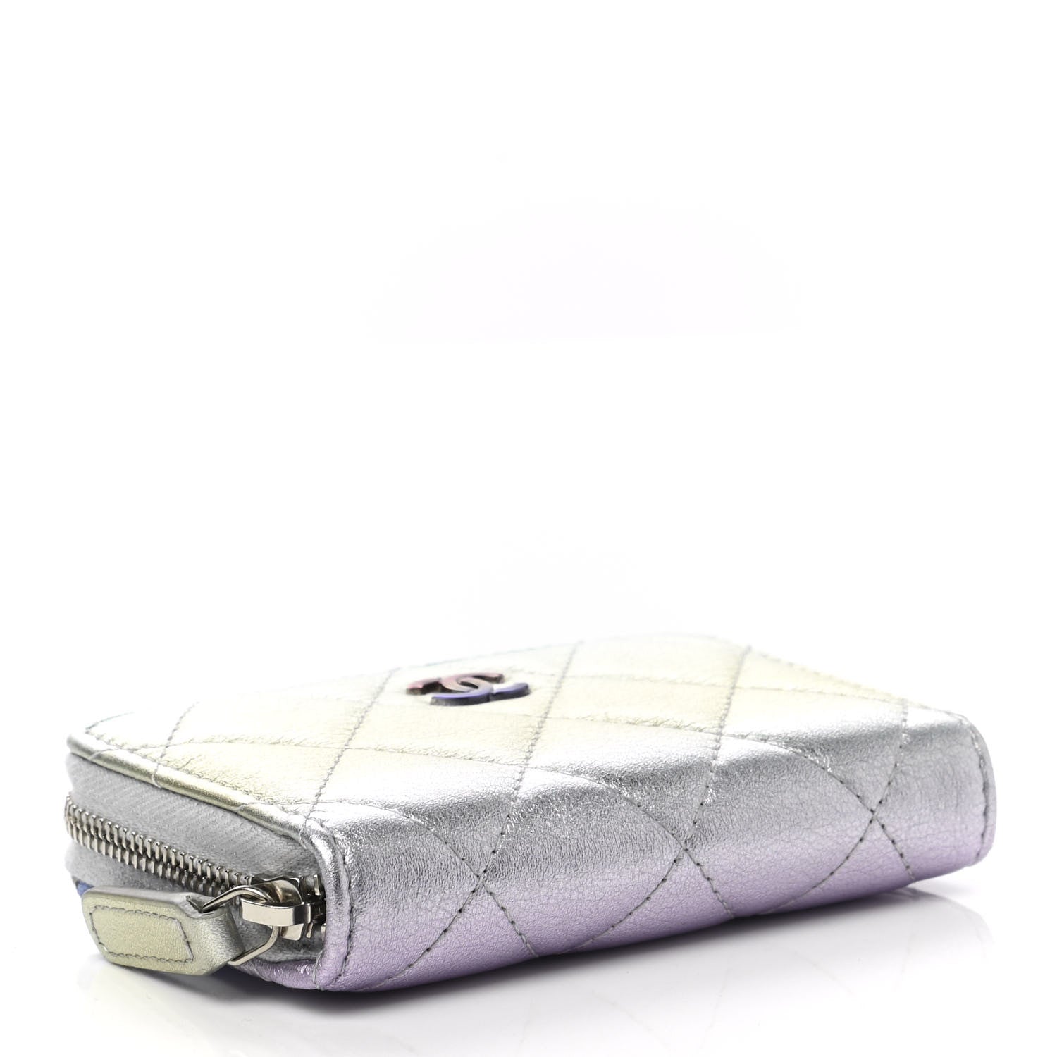 Chanel Gradient Metallic Calfskin Quilted Zip Around Coin Purse Wallet Silver Blue Yellow Purple 4 of 8