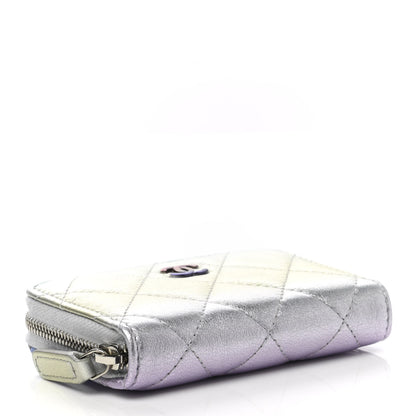 Chanel Gradient Metallic Calfskin Quilted Zip Around Coin Purse Wallet Silver Blue Yellow Purple 4 of 8