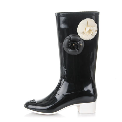 Chanel Rubber Glitter Camellia Rain Boots 36 Black 1 of 9