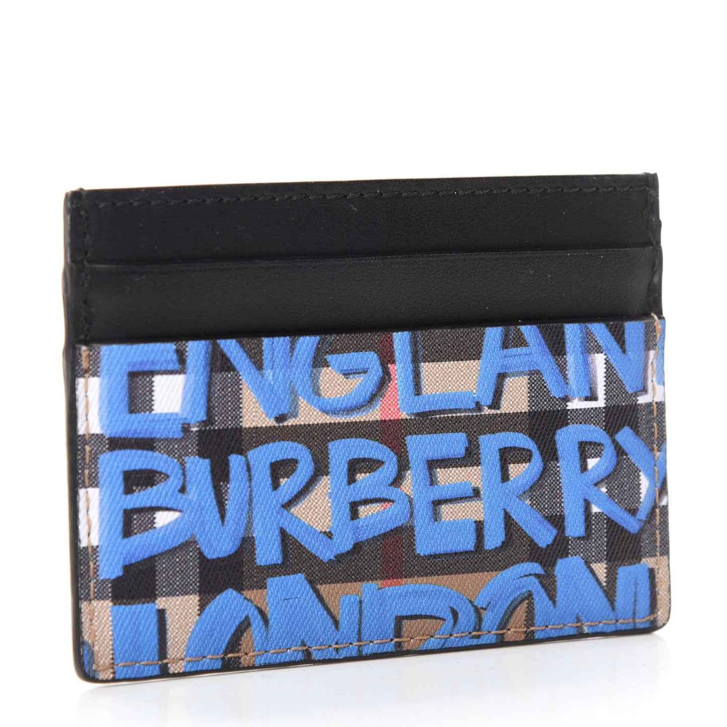 Calfskin Vintage Check Graffiti Print Card Holder Blue