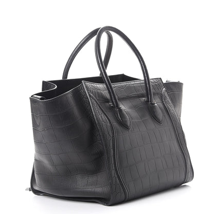 Celine Crocodile Embossed Calfskin Medium Phantom Luggage Black 3 of 12