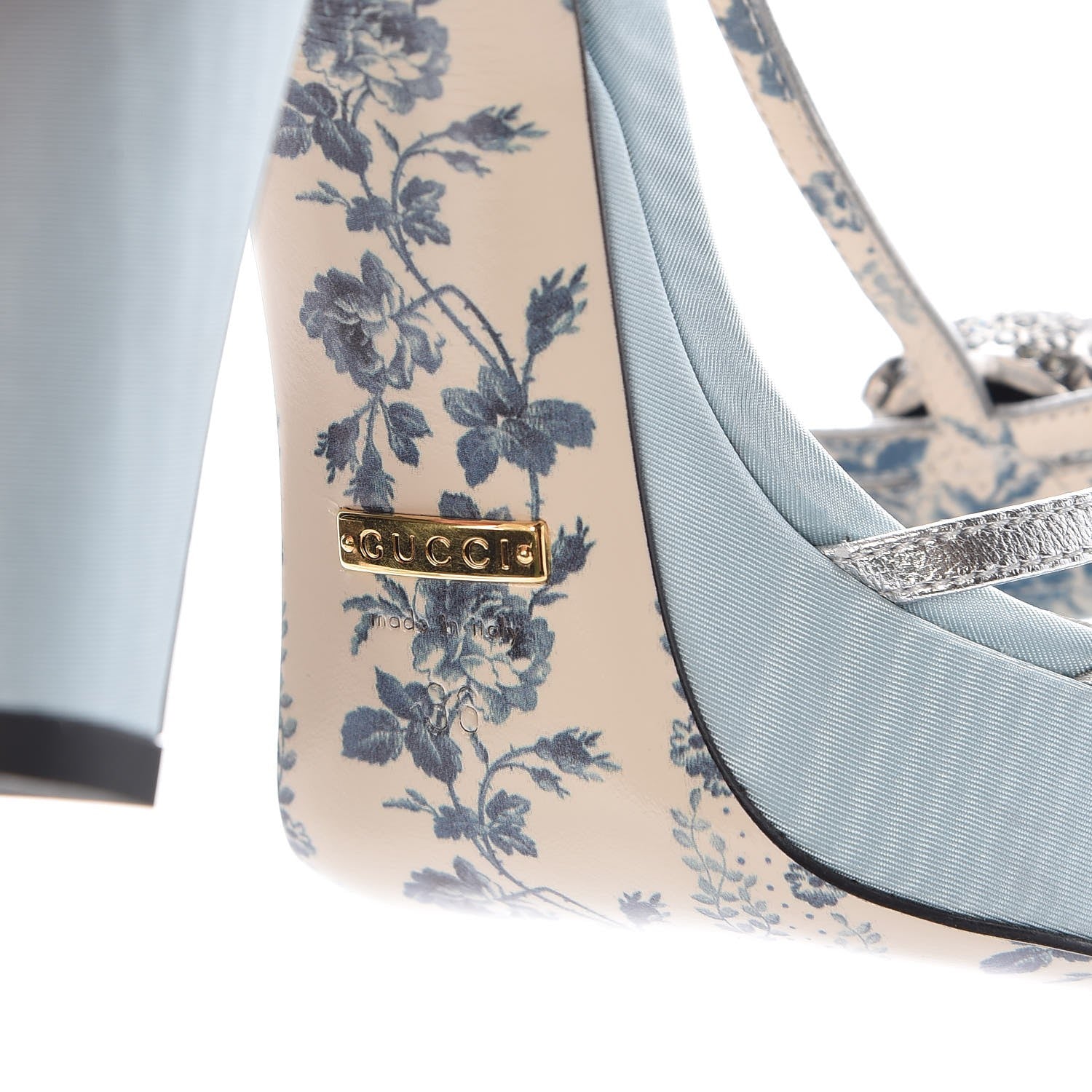 Gucci Moire Fabric Nappa Elias T-Strap Platform High Heel Sandals 36 Argento 6 of 8