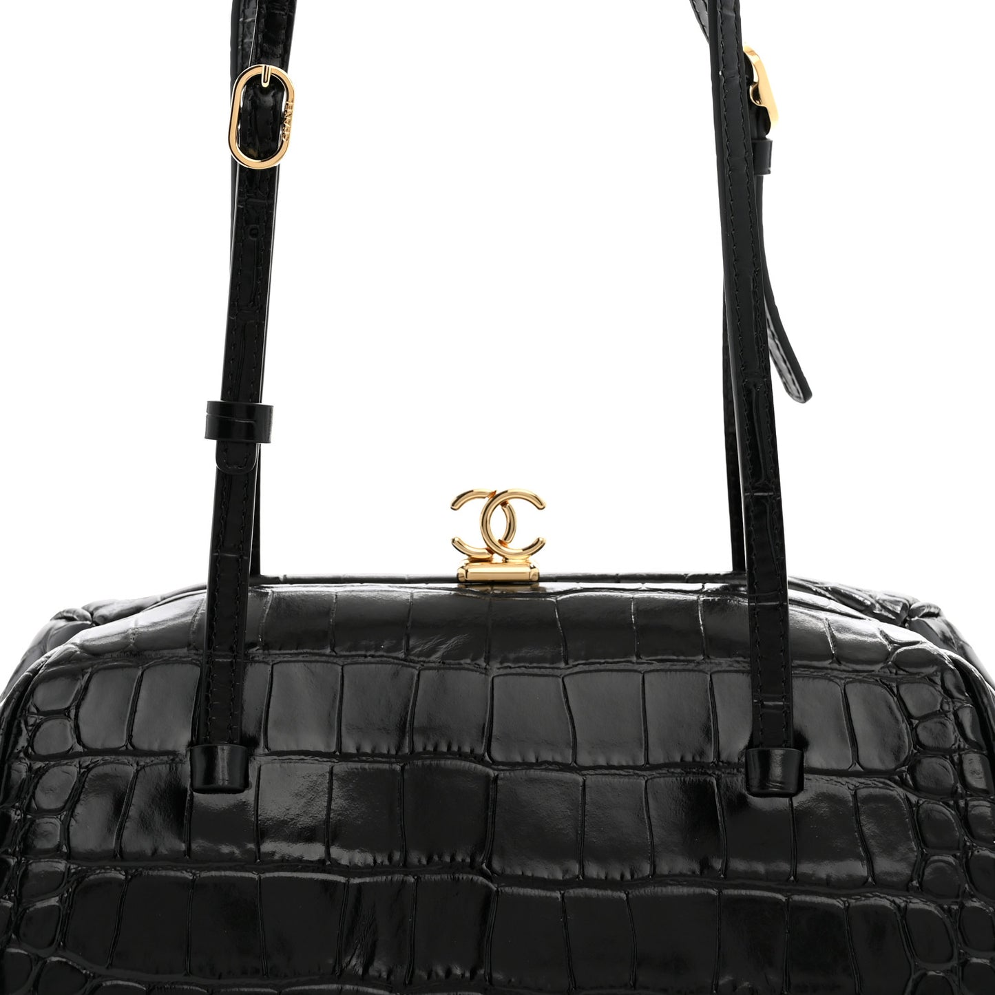 Calfskin Crocodile Embossed Pretty CC Clutch With Strap Black