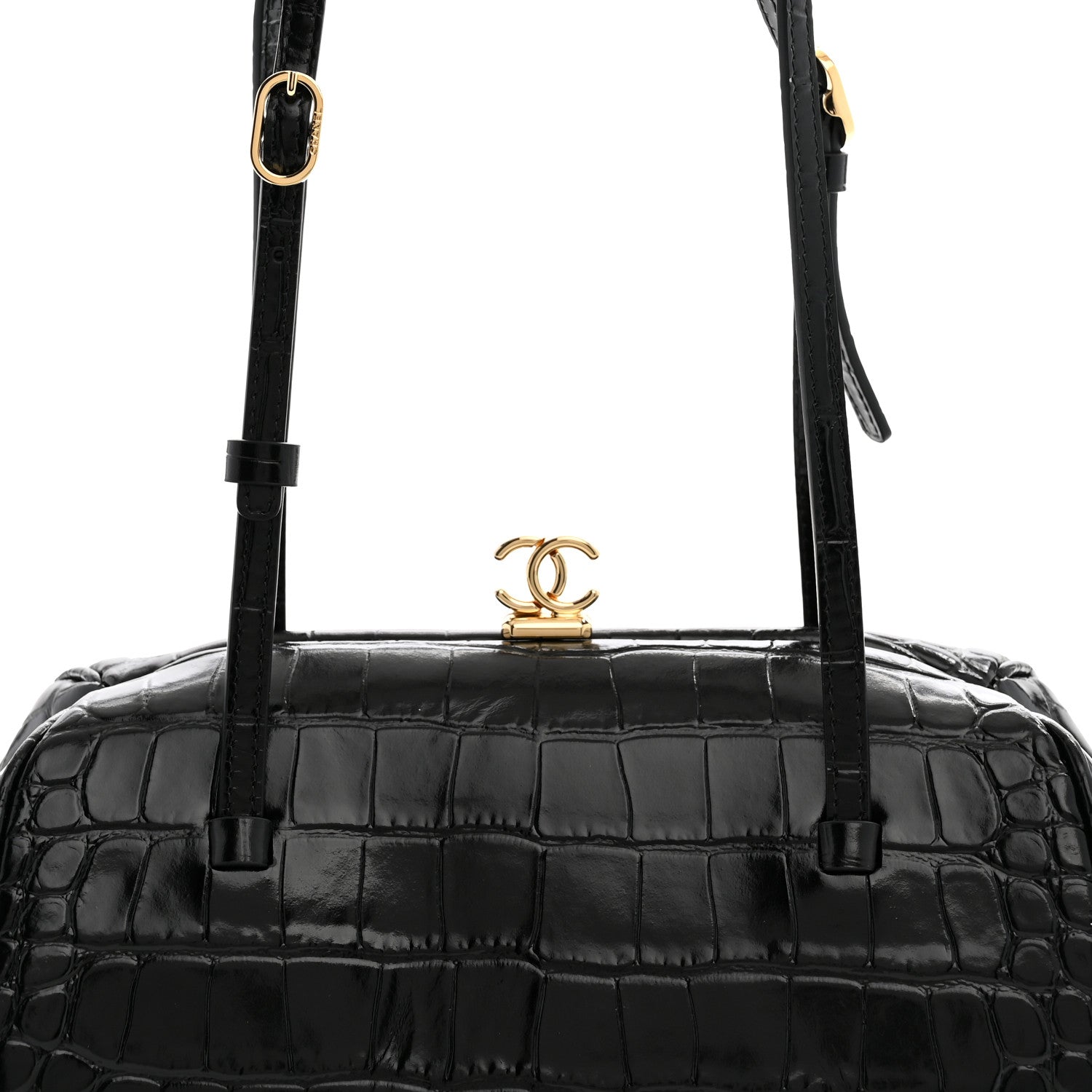 Chanel Calfskin Crocodile Embossed Pretty CC Clutch With Strap Black 8 of 11