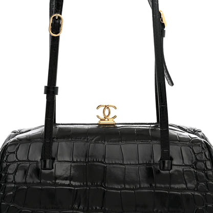 Chanel Calfskin Crocodile Embossed Pretty CC Clutch With Strap Black 8 of 11
