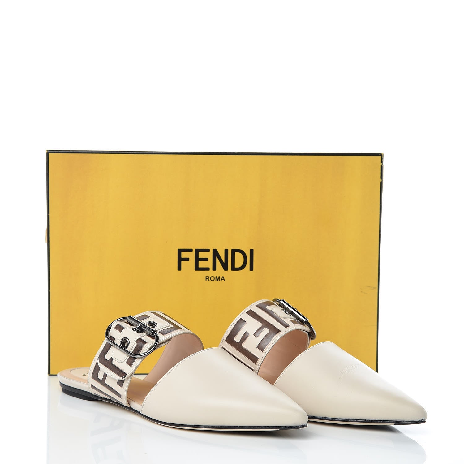 Fendi Vitello FF Embossed Buckle Flat Mules 36 Camelia Moresco